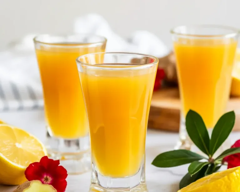 Ginger shot for weight loss with ginger root, lemon, and cayenne in a glass.