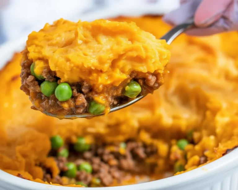 Healthy shepherd’s pie with sweet potato topping featuring lean turkey and vegetables.