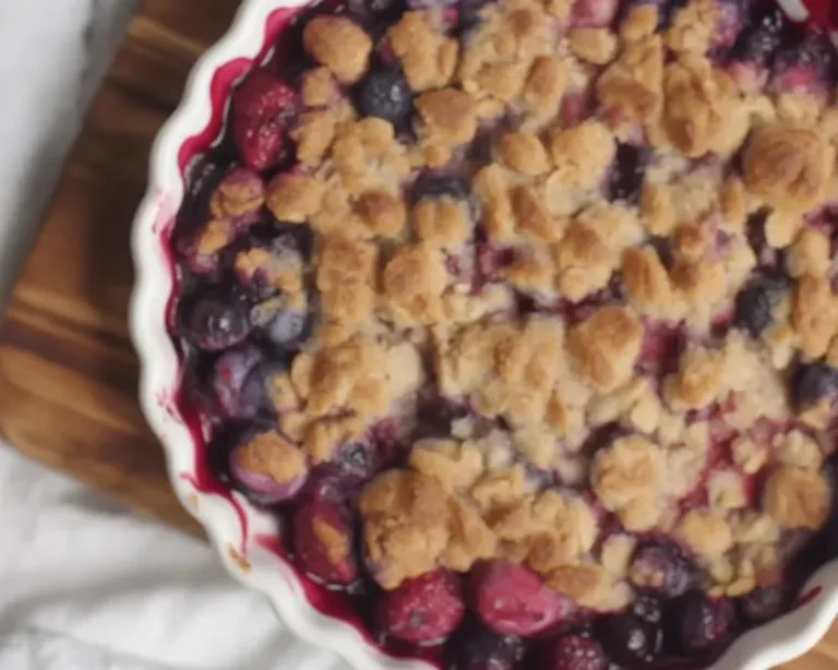 Healthy berry crumble low sugar dessert with fresh berries and nut topping