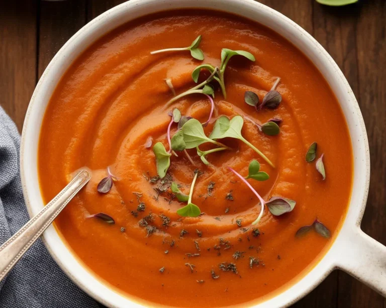 Bowl of creamy tomato basil soup low calorie with fresh basil and vegetables