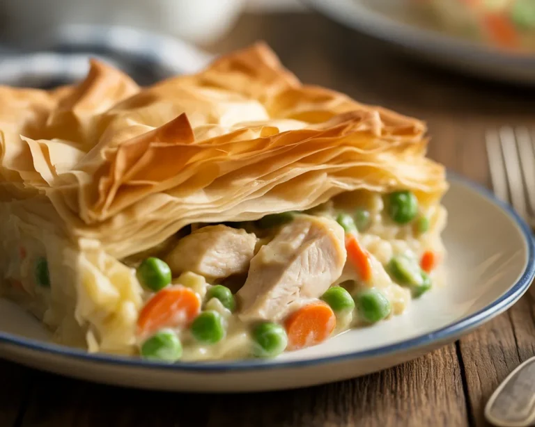 Lightened chicken pot pie with phyllo crust, loaded with vegetables and topped with flaky layers.