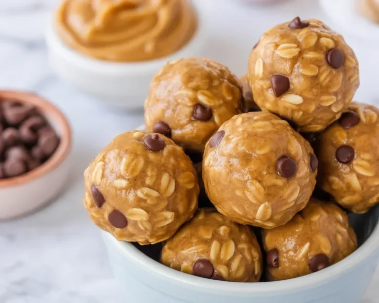Healthy no bake protein peanut butter balls made with oats and protein powder.