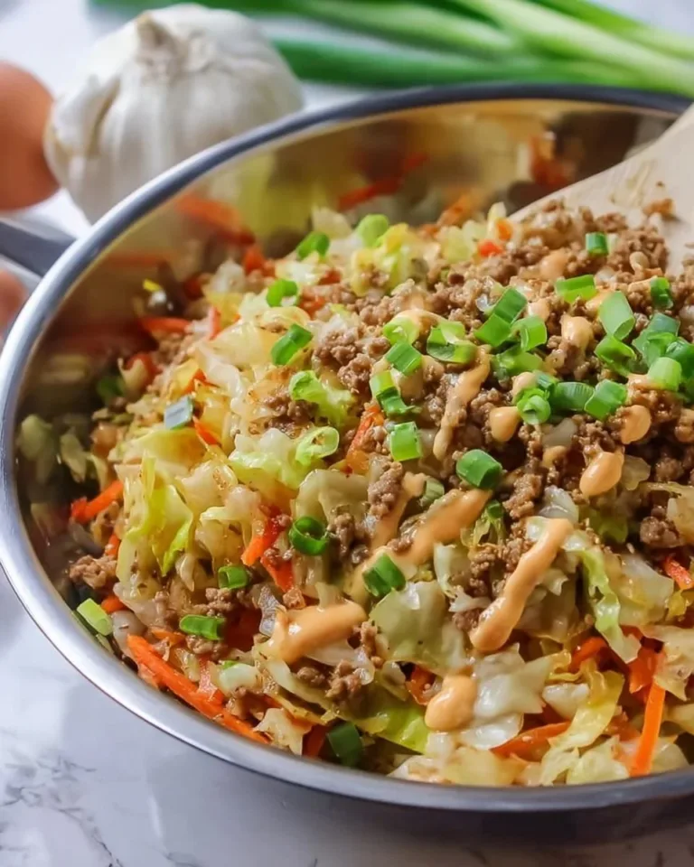 A colorful bowl of egg roll ingredients, including veggies and meat, ready to eat.