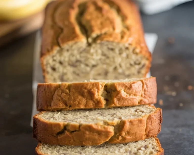 Moist low calorie banana bread slice served on a plate with banana slices.
