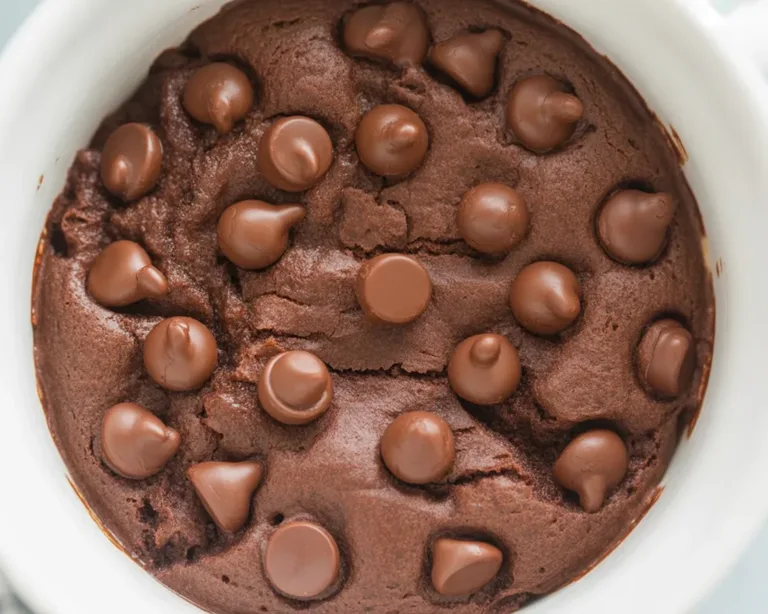 Delicious 2 minute skinny chocolate mug cake topped with chocolate chips.