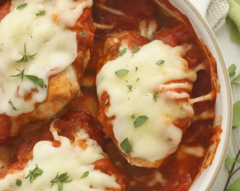 Healthy skillet chicken parmesan dish prepared in one pan with gooey cheese and fresh ingredients.