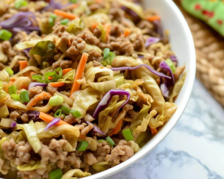 Low carb egg roll in a bowl healthy recipe with ground pork and fresh vegetables.
