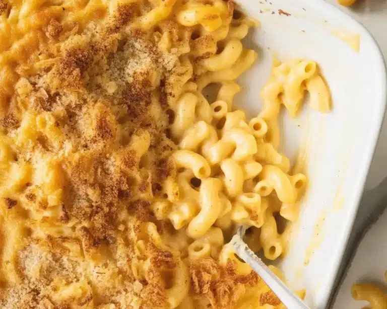 Healthy baked mac and cheese served in a dish with crispy topping