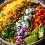 Delicious Taco Rice Bowl topped with fresh ingredients and garnishes