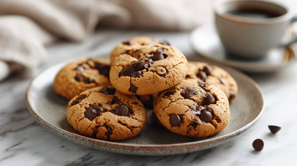 Greek yogurt chocolate chip cookies on ceramic plate with melted chocolate chips visible