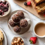 Guilt free treats collection including chocolate chip cookies banana bread mug cakes and healthy desserts