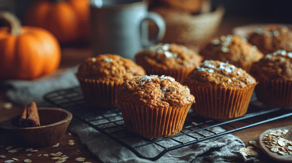 Healthy pumpkin muffins with oat flour on cooling rack with cinnamon dusting