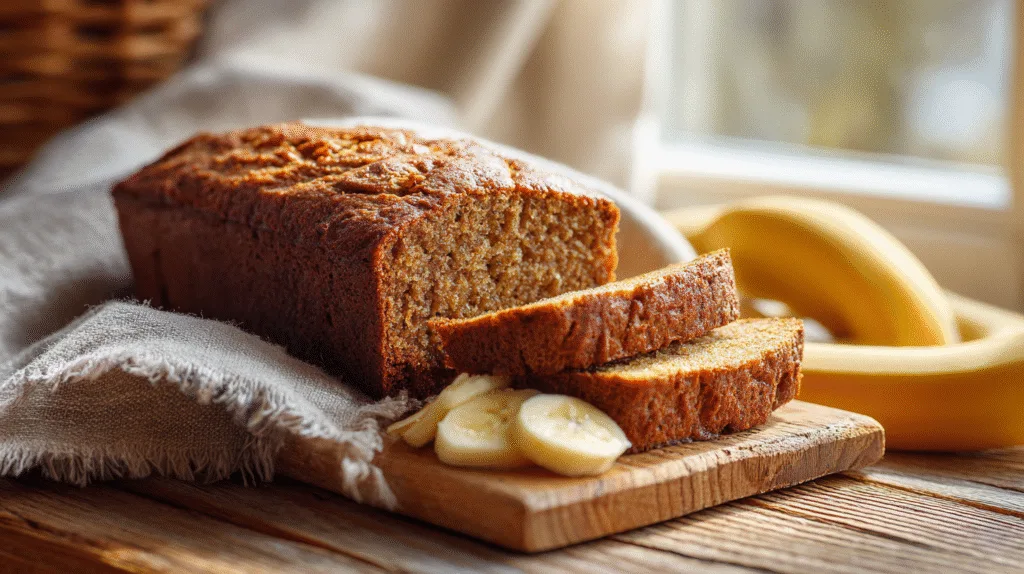 Sliced low calorie banana bread on wooden cutting board with banana slices