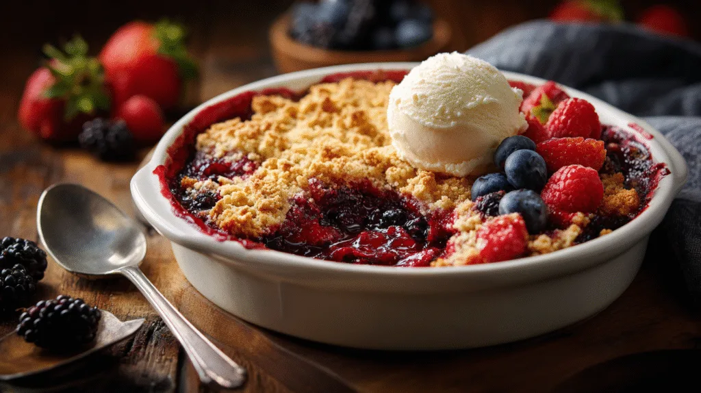  Low sugar berry crumble with golden oat topping fresh berries and vanilla ice cream