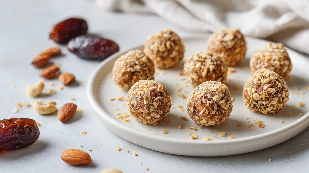 No bake protein peanut butter balls on plate with scattered peanuts and dates