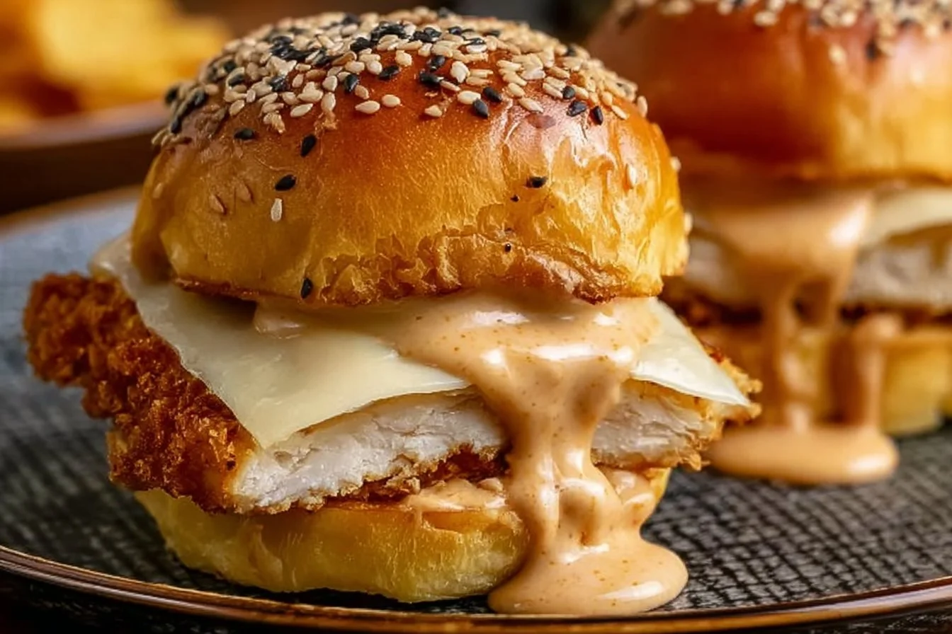 Bang Bang Chicken Sliders plated with spicy sauce and fresh toppings