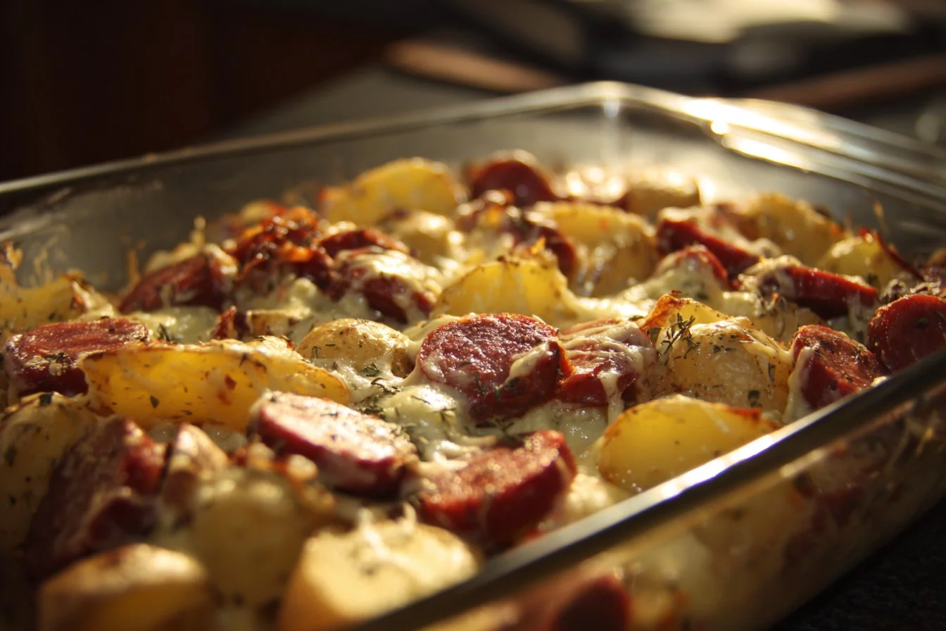 Bowl of Cheesy Ranch Potatoes with Smoked Sausage served warm