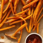 Crispy oven baked sweet potato fries on a plate, perfect for a healthy snack.