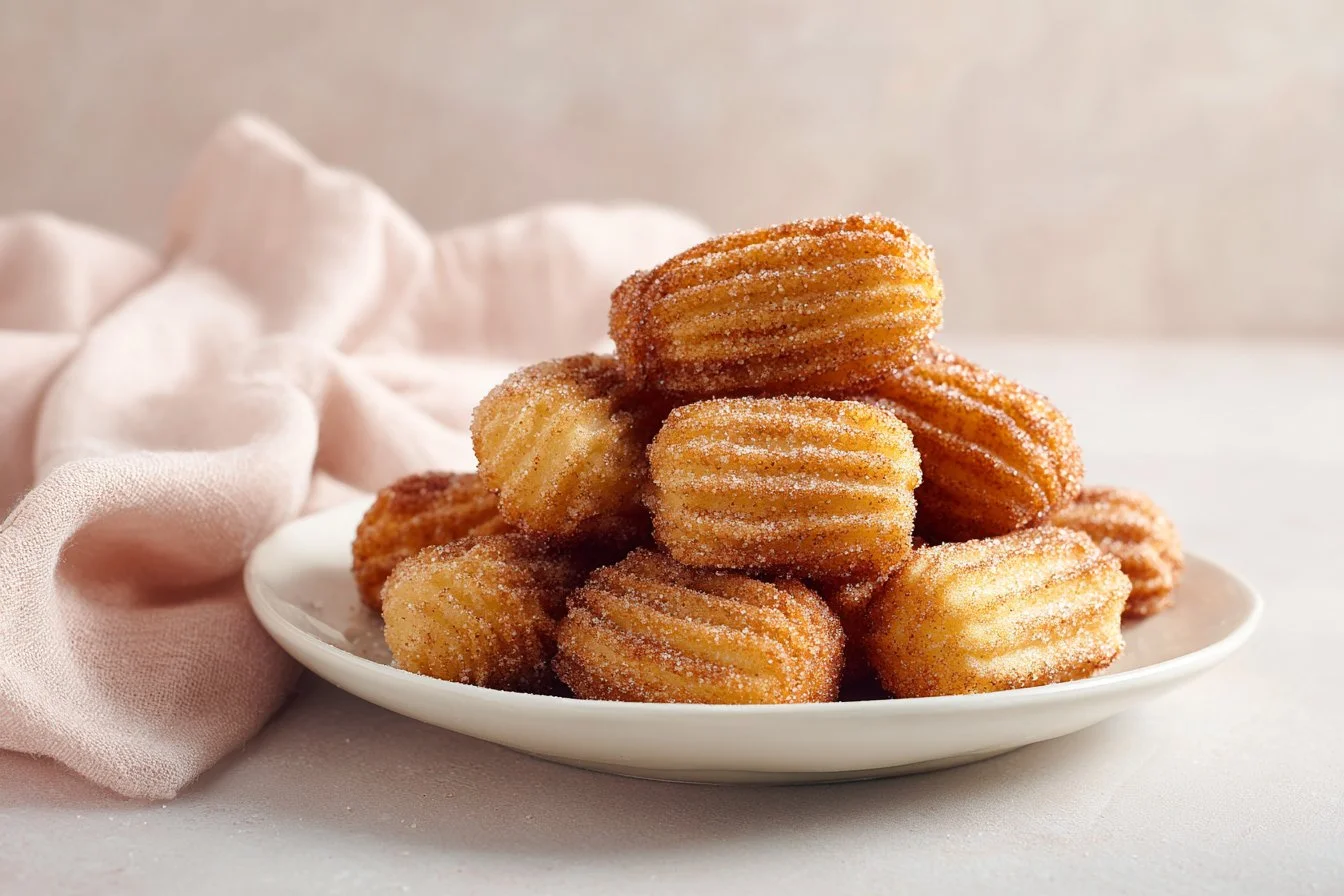 Healthy baked churro bites on a plate, sprinkled with cinnamon and sugar.