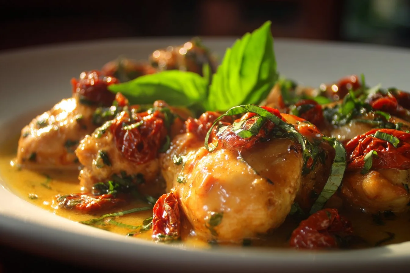 Delicious Parmesan Cream Sauce Chicken served with herbs and veggies