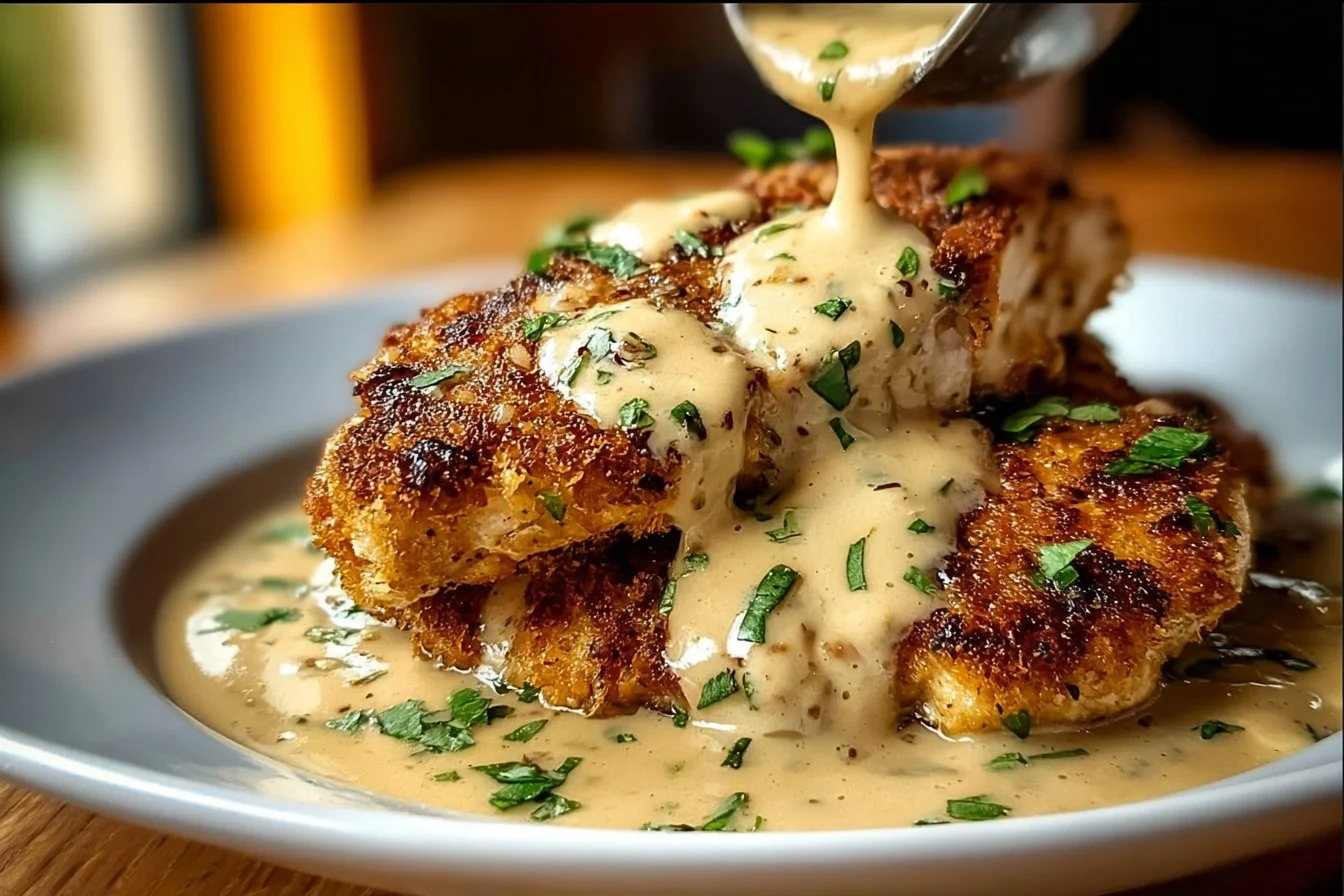 Delicious Parmesan Crusted Chicken served on a plate with herbs