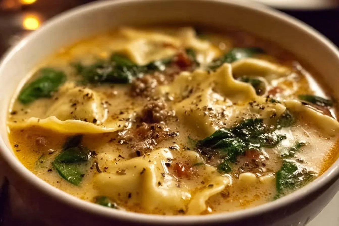 Bowl of Sausage and Spinach Lasagna Soup garnished with cheese and herbs