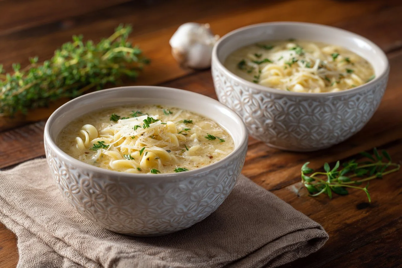 Bowl of creamy Alfredo Lasagna Soup topped with cheese and fresh herbs.