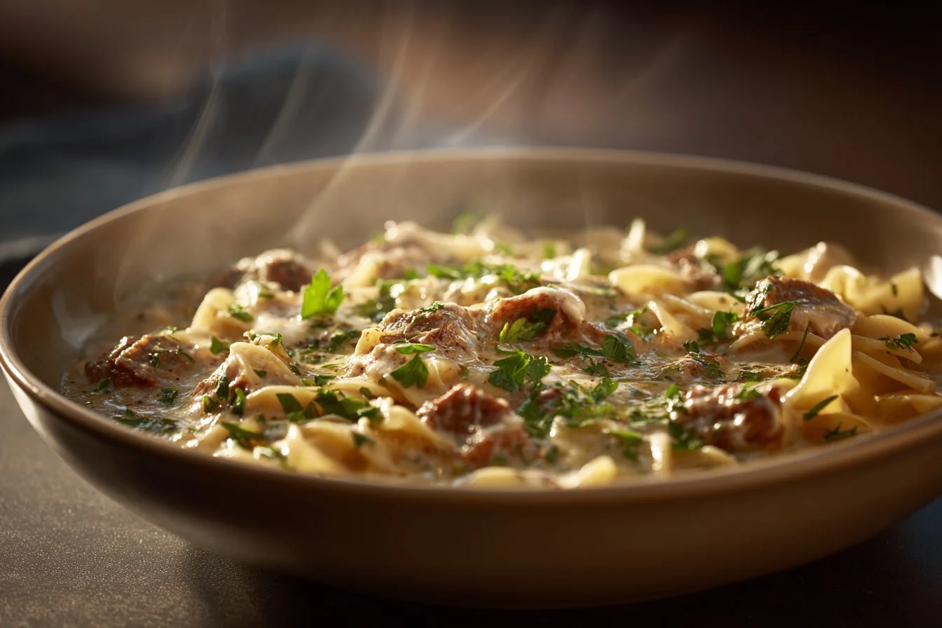 Delicious bowl of Alfredo lasagna soup garnished with herbs