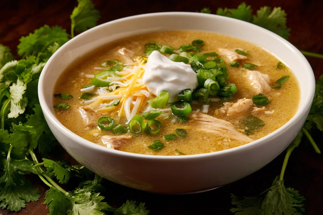 Bowl of award-winning white chicken chili garnished with cilantro and lime.