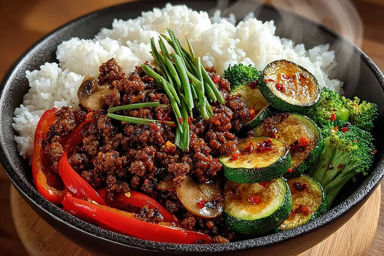 Spicy Ground Beef Stir-Fry Bowl with Garlic Veggies & Steamy Rice