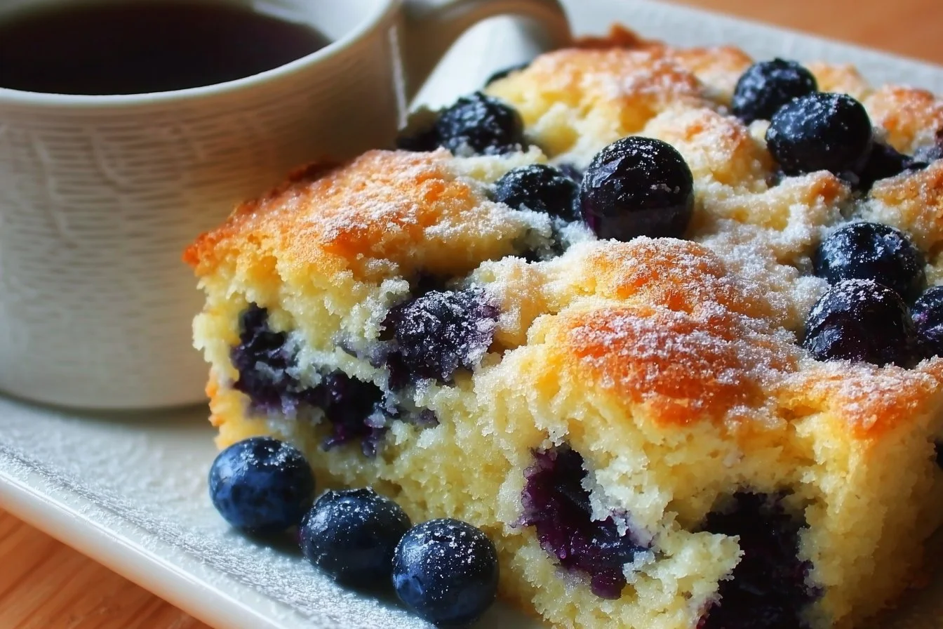 Delicious blueberry breakfast cake served on a plate with fresh blueberries