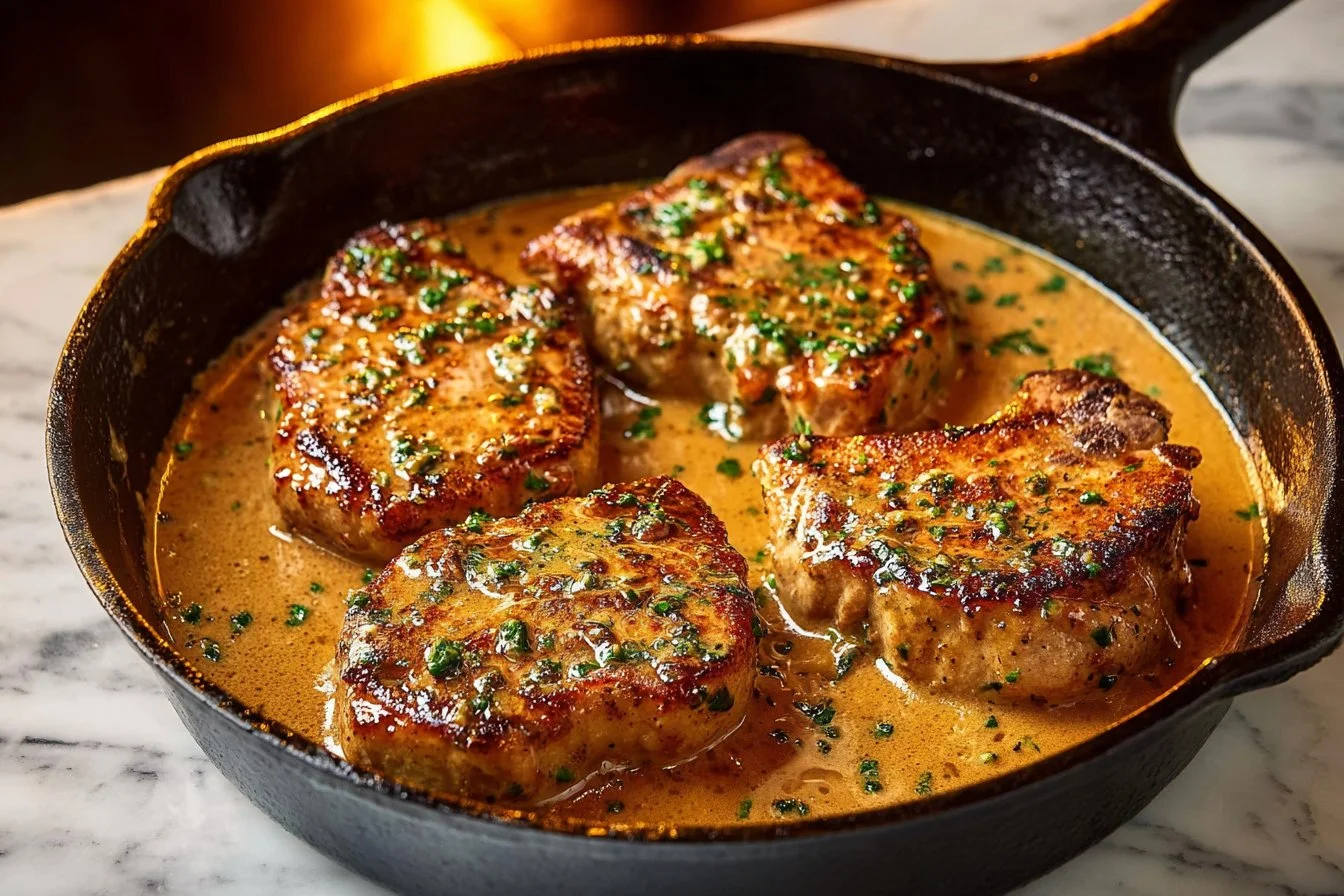 Delicious Boursin Pork Chops served with fresh vegetables