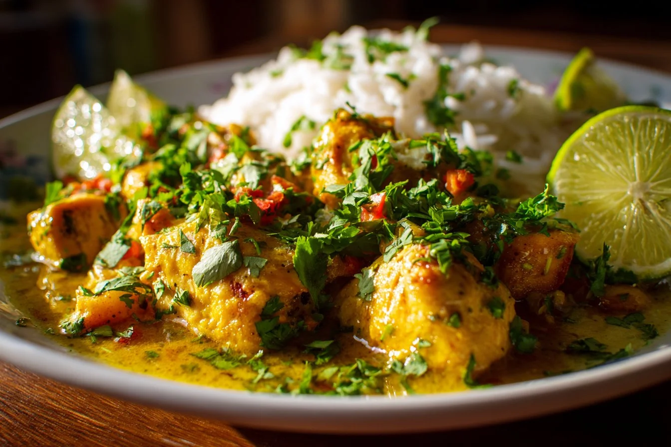 Delicious Brazilian Coconut Chicken served with vibrant garnishes