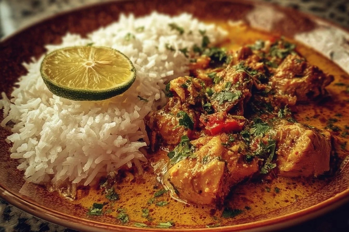 Plate of Brazilian Coconut Chicken garnished with herbs and served with rice.
