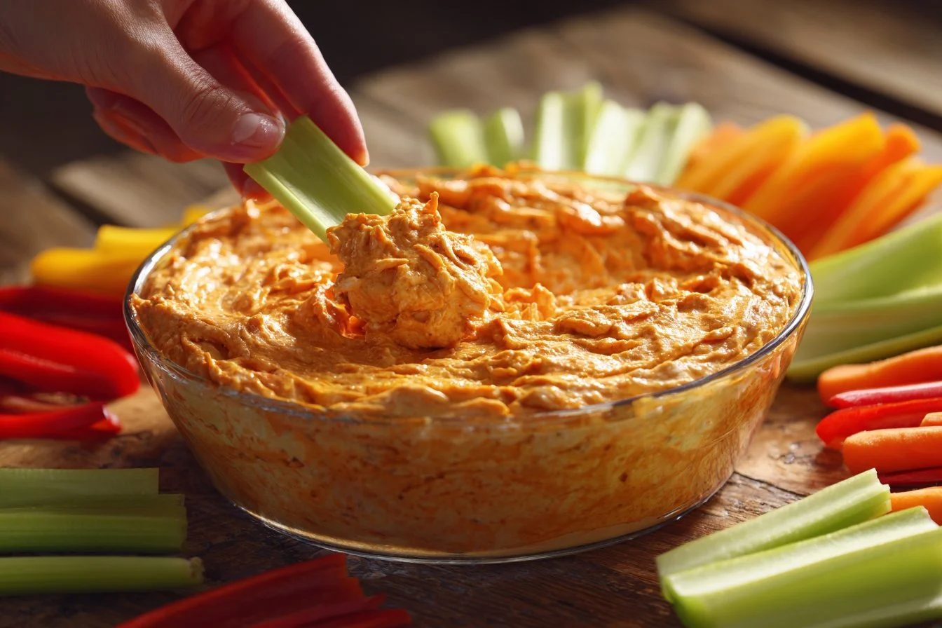 Delicious Buffalo Chicken Dip served in a bowl garnished with green onions