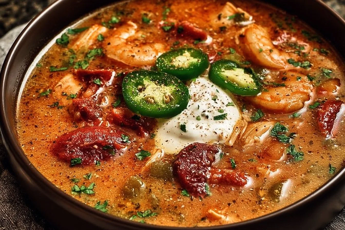 Delicious bowl of Cajun White Chicken Chili topped with fresh herbs