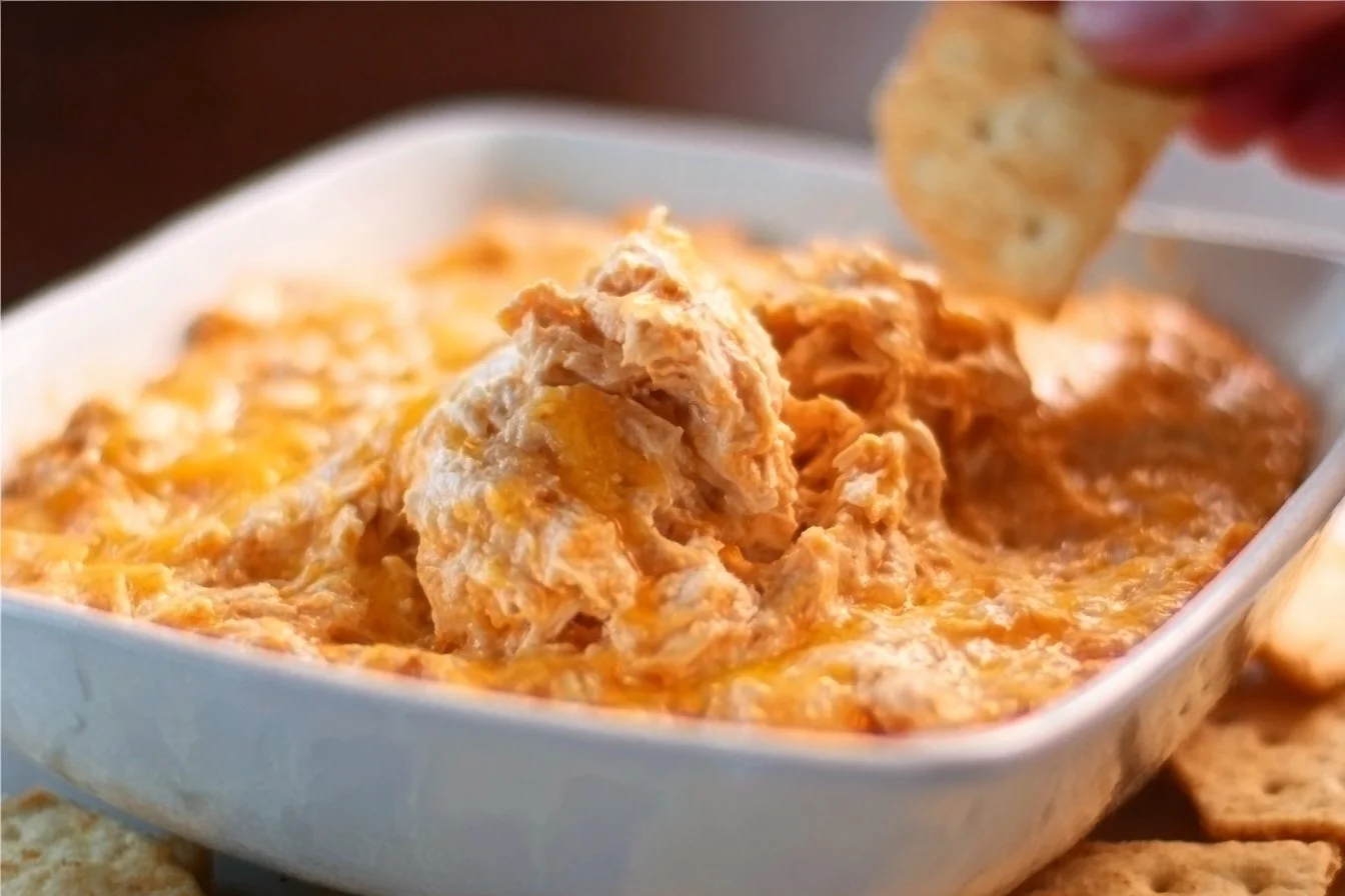 Cheesy creamy buffalo chicken dip served in a bowl with tortilla chips