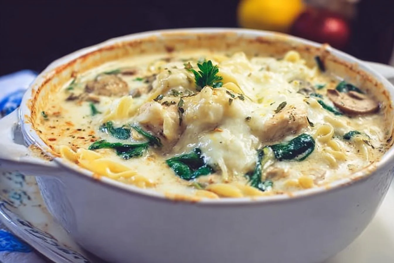 Bowl of Chicken Spinach Alfredo Lasagna Soup garnished with herbs