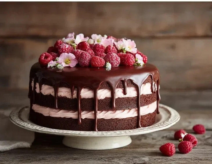 A decadent Chocolate Raspberry Cake topped with fresh raspberries and chocolate ganache.