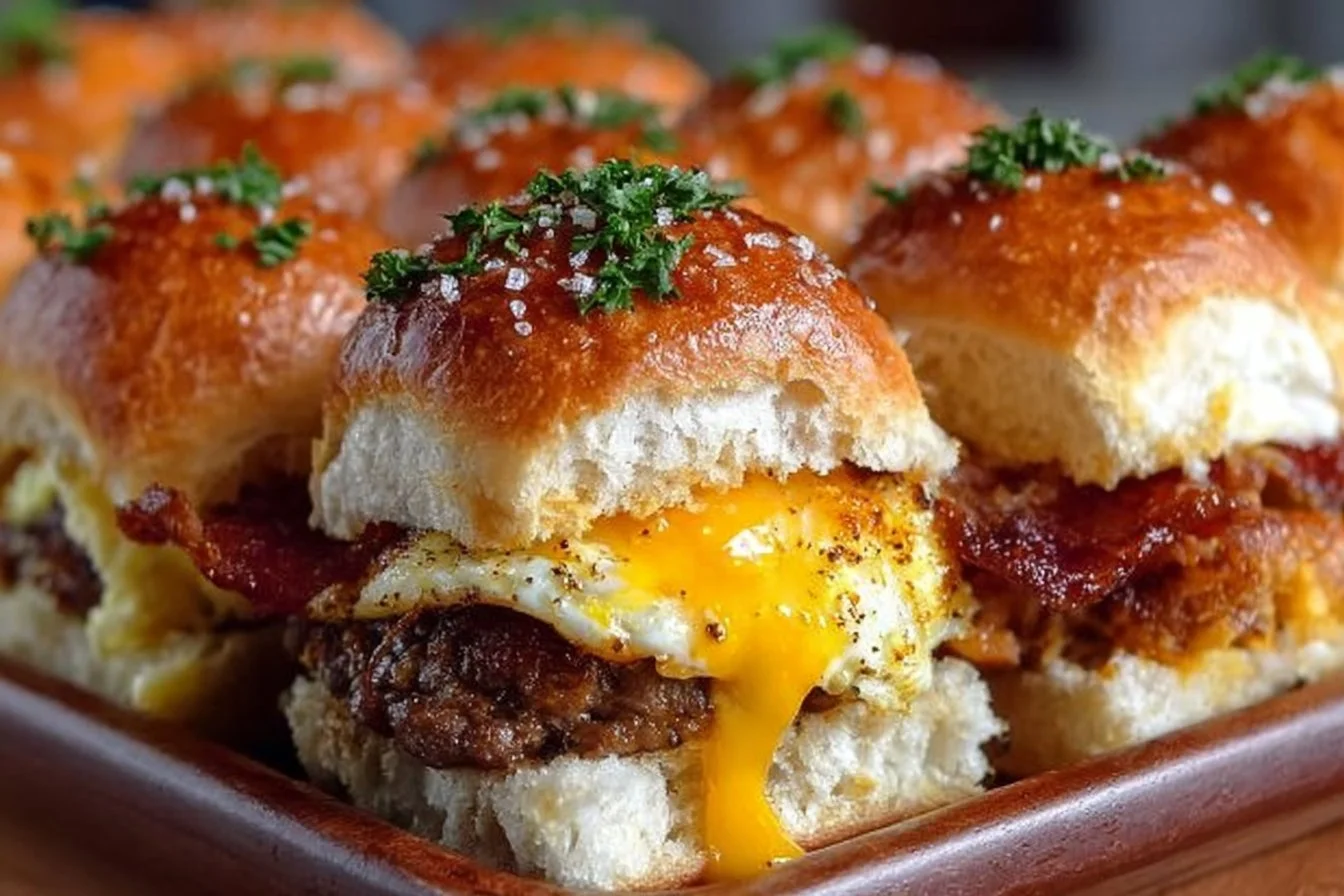 Delicious Cowboy Breakfast Sliders stacked on a wooden board