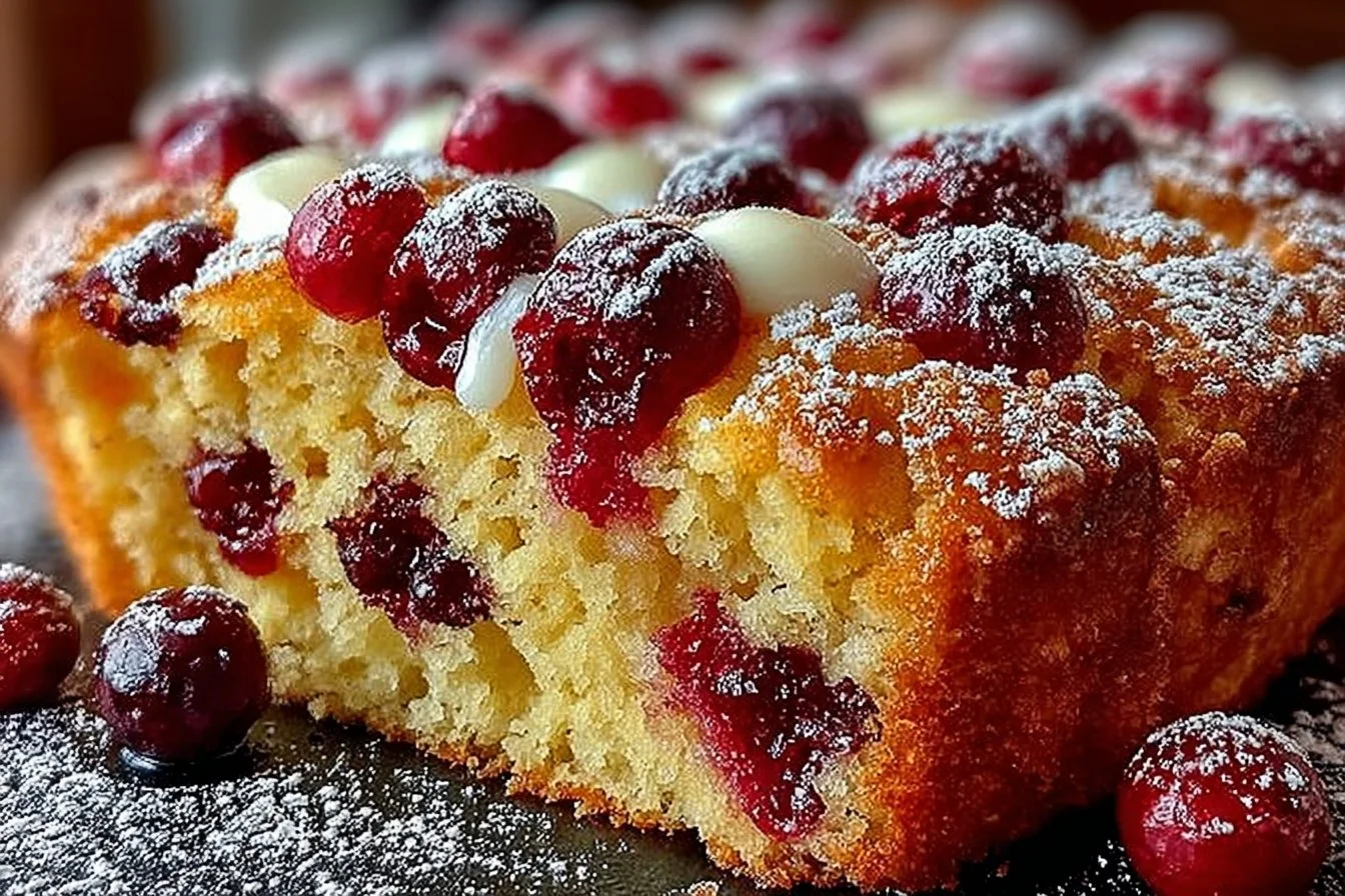 Cranberry orange breakfast cake topped with fresh cranberries and orange zest