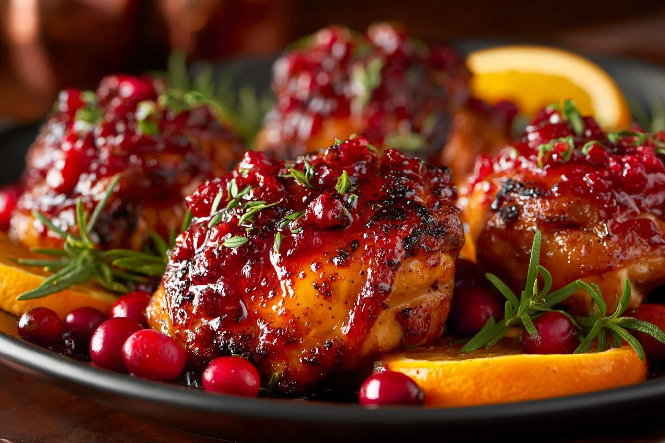 Cranberry Orange Chicken garnished with herbs and citrus slices