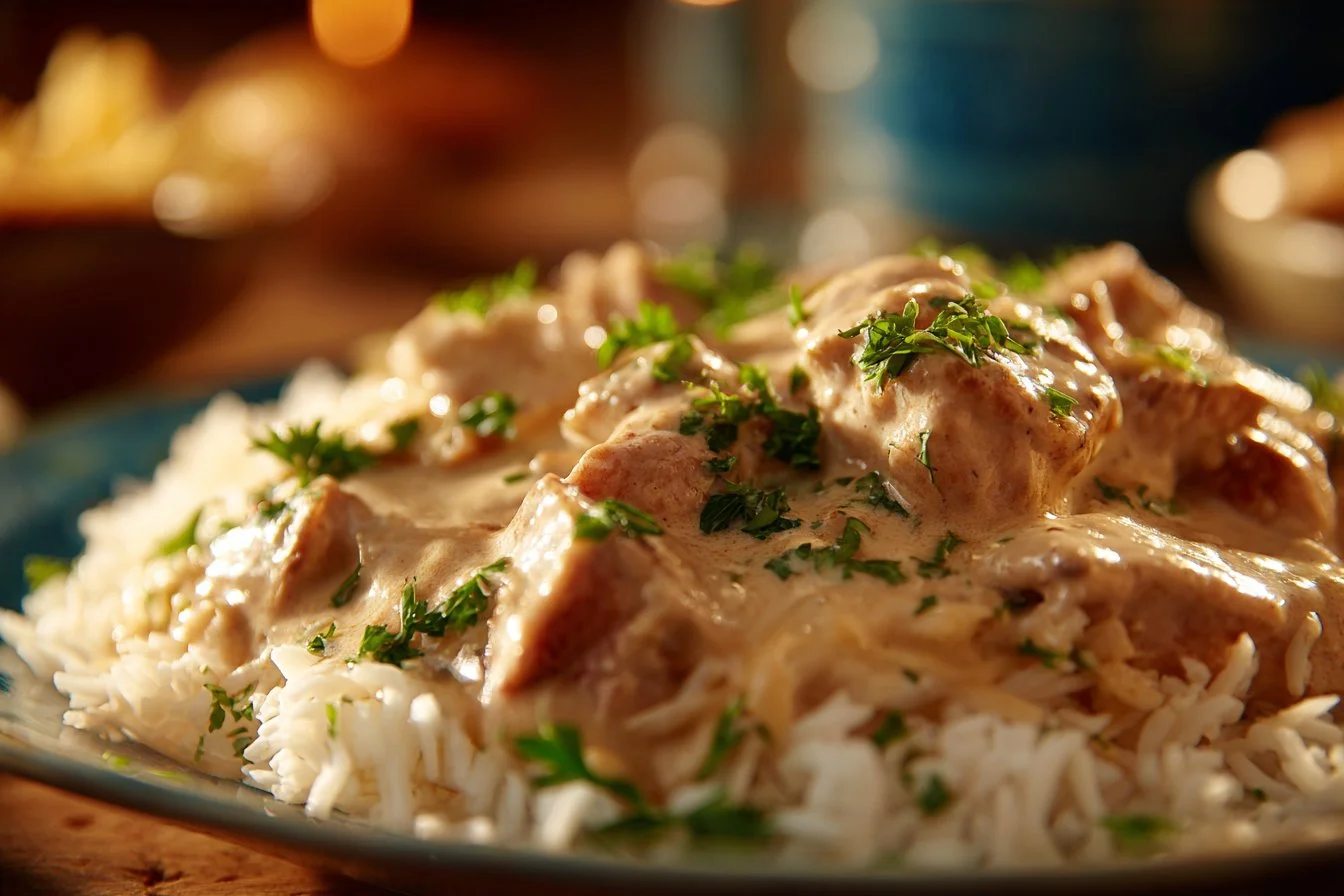 Delicious creamy smothered chicken served with rice on a plate