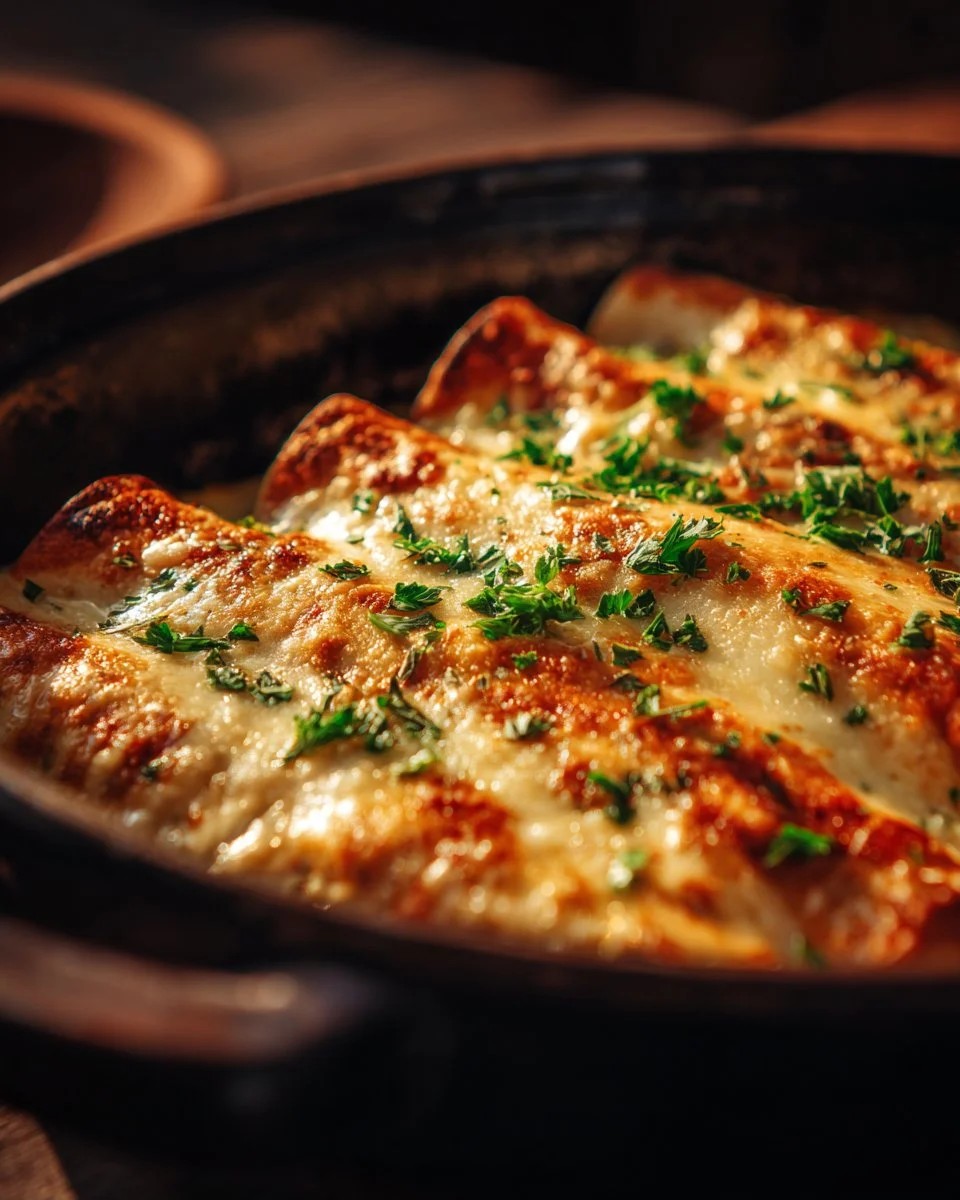 Creamy white chicken enchiladas topped with cheese and fresh cilantro