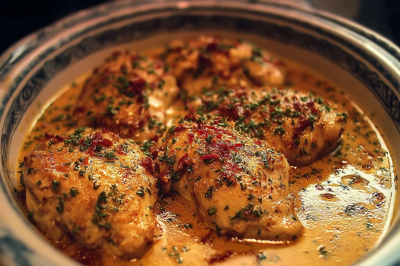 Crock Pot Marry Me Chicken served with herbs and cream sauce