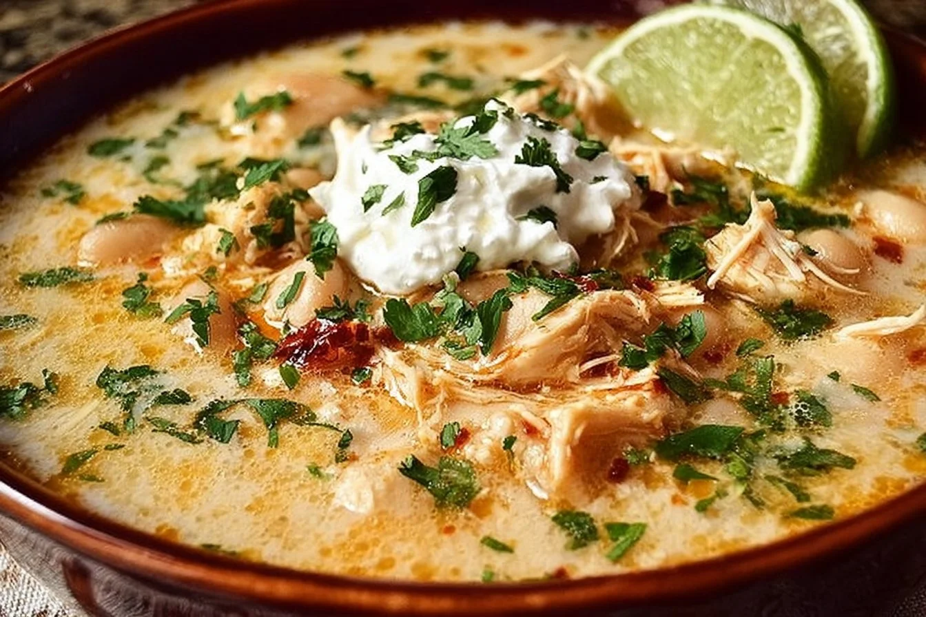 Bowl of creamy white chicken chili made in a crockpot with fresh ingredients.