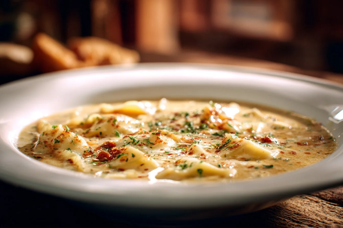 Delicious bowl of creamy Alfredo Lasagna Soup topped with herbs and cheese