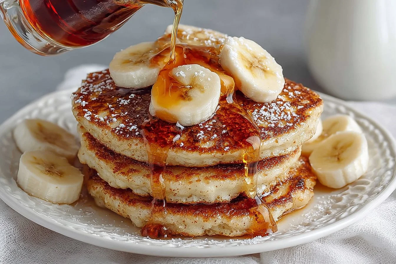 Fluffy banana pancakes topped with fresh bananas and syrup
