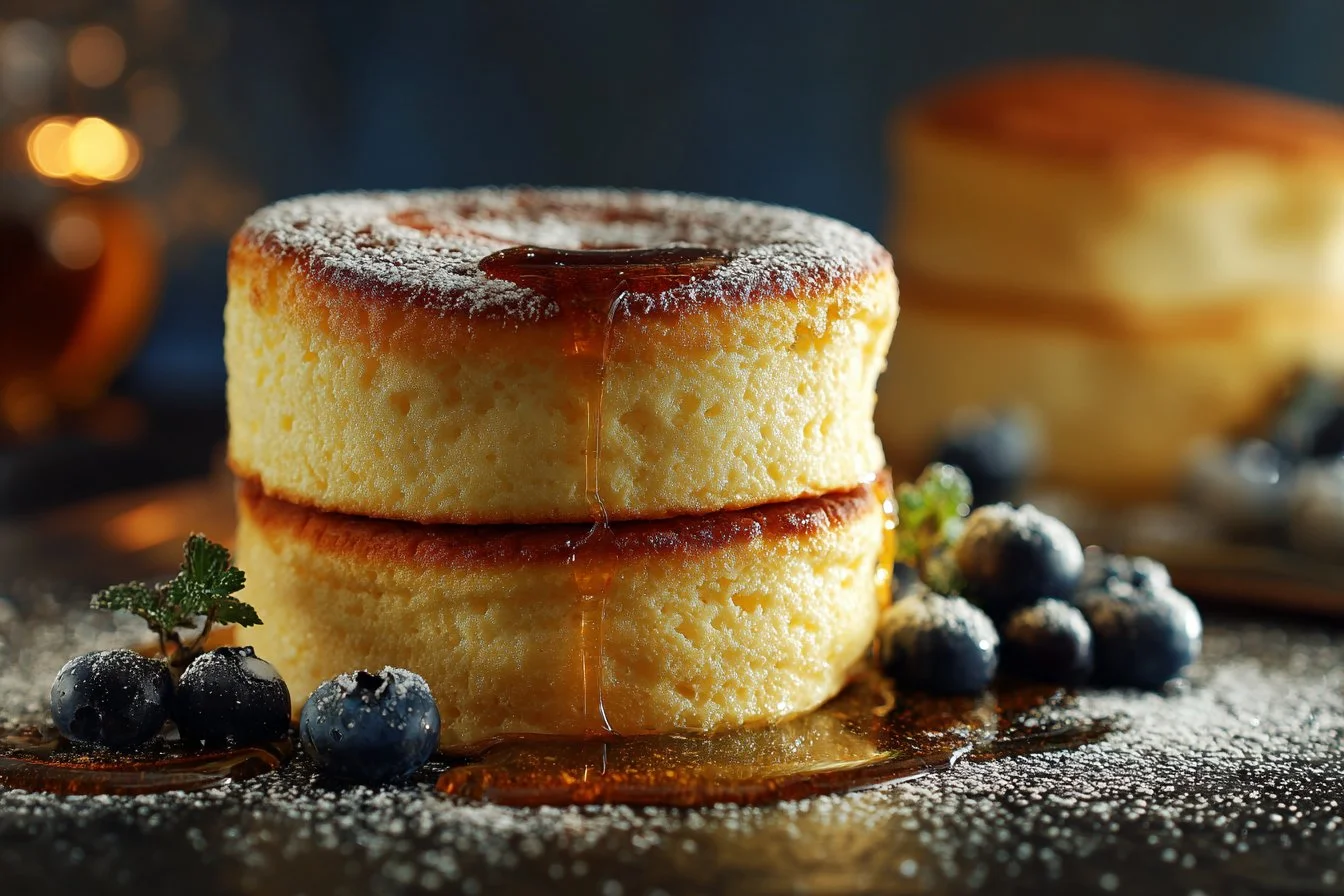 Fluffy Japanese soufflé pancakes stacked high on a plate with syrup