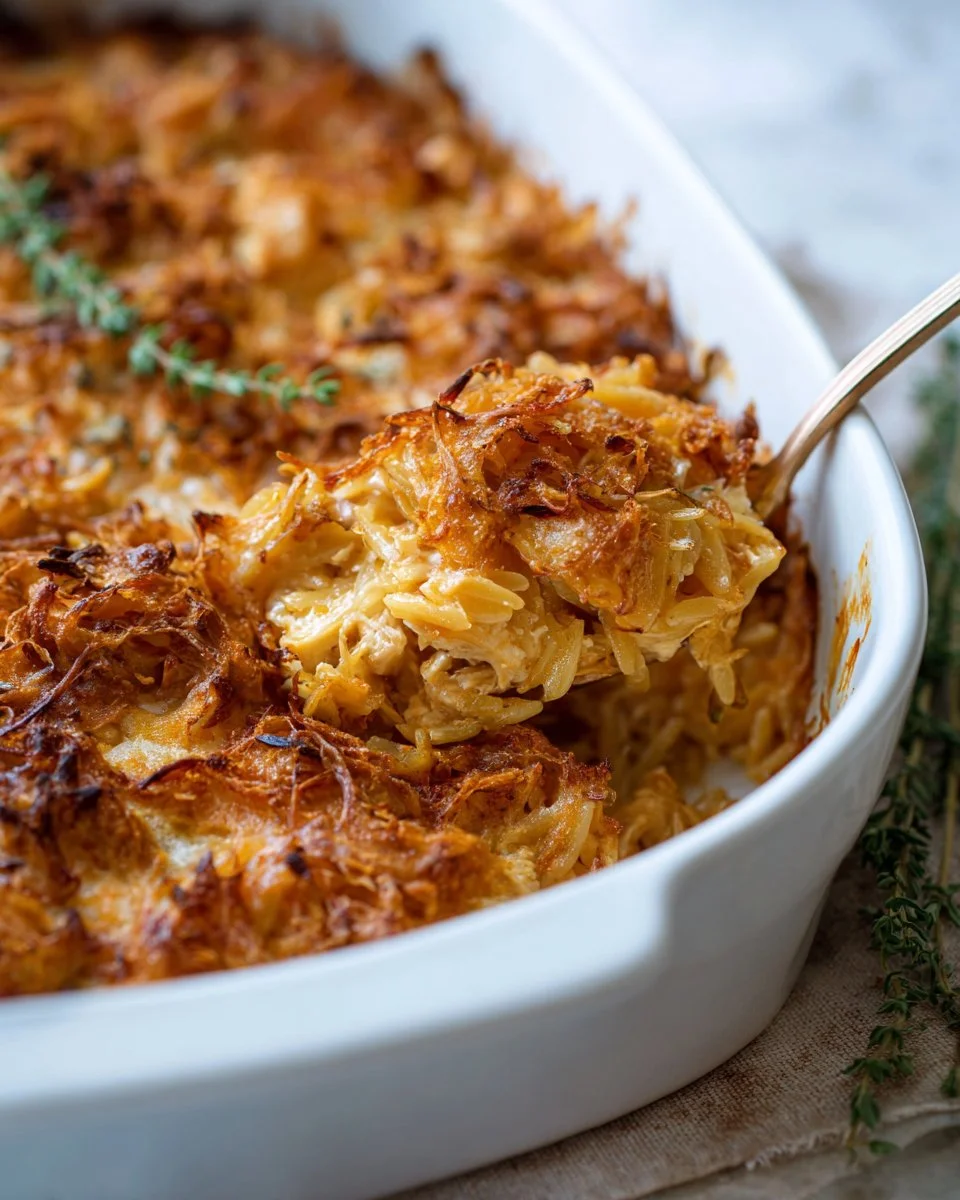Baked French Onion Chicken Orzo Casserole topped with melted cheese and fresh herbs.